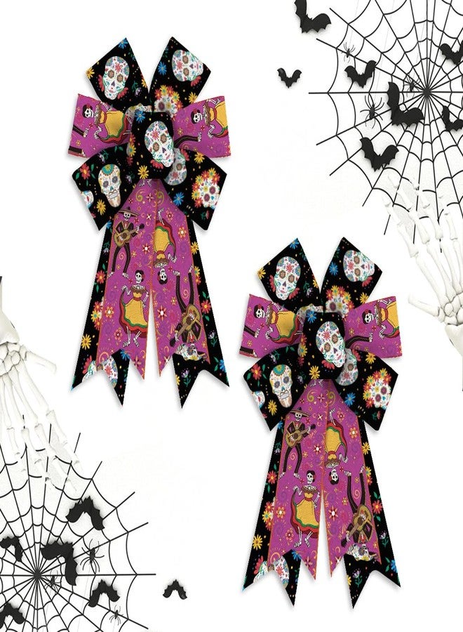 Hying 2 Pieces Days of The Dead Bows for Wreath, Mexican Skeleton Wreath Bow Red Black Burlap Bows Dia De Los Muertos Mexico Craft Bows for Front Door Halloween Day of The Dead Decoration Supplies - Image 1