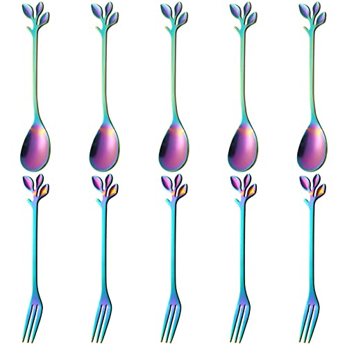 AnSaw 10-Pc Rainbow Mini Spoons & Forks Set, 4.7" - Stainless Steel, Leaf Handle, Ideal for Coffee,Tea, Appetizers, Tastings, Parties, Charcuterie & Cocktails - Image 1