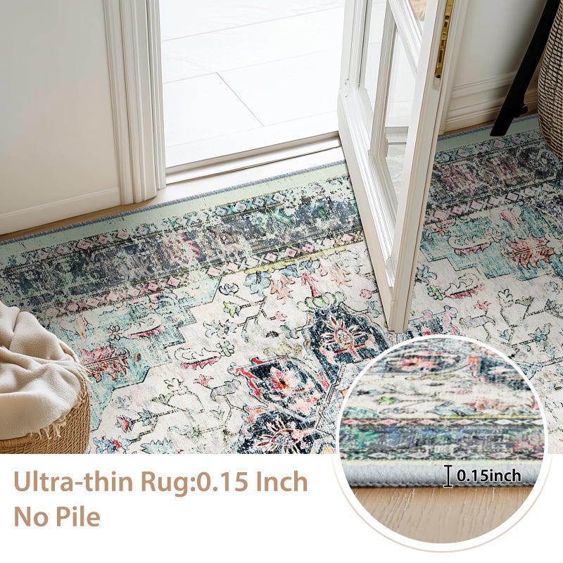 BESTSWEETIE 2x8 Area Rug Washable Rugs for Living Room  No Pile Boho Carpet for Entryway Bedroom Dinning Room  Vintage Carpet Print Distressed Non-Slip  2 x 8 ft  Multi Navy Teal - Image 4
