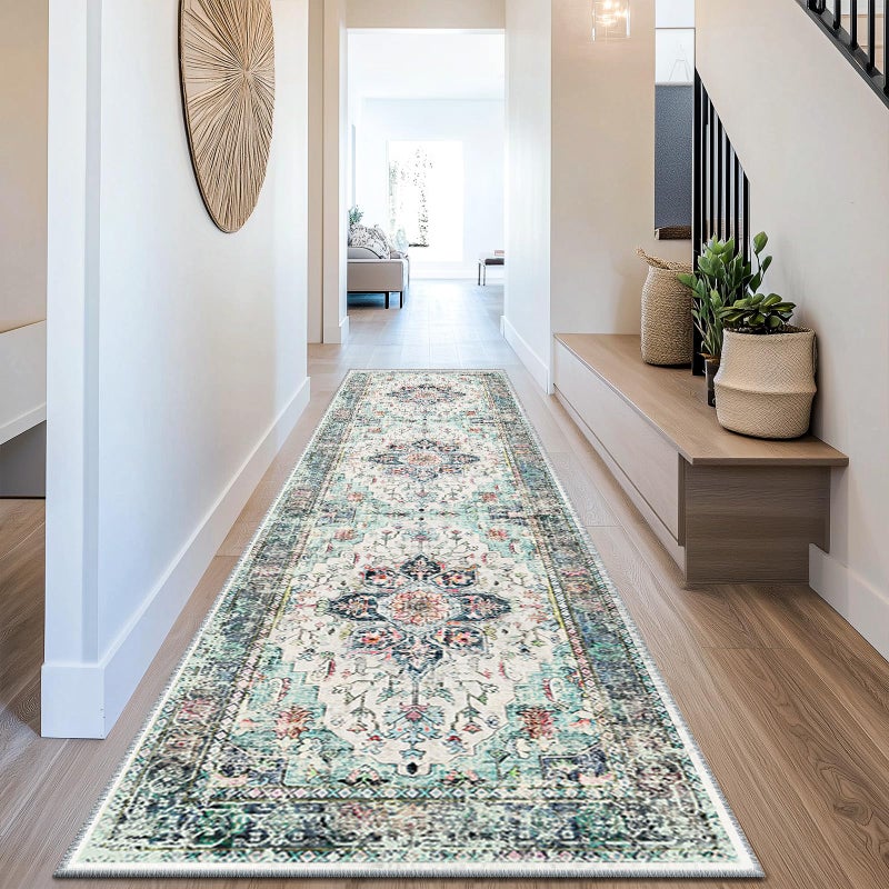 BESTSWEETIE 2x8 Area Rug Washable Rugs for Living Room  No Pile Boho Carpet for Entryway Bedroom Dinning Room  Vintage Carpet Print Distressed Non-Slip  2 x 8 ft  Multi Navy Teal - Image 1