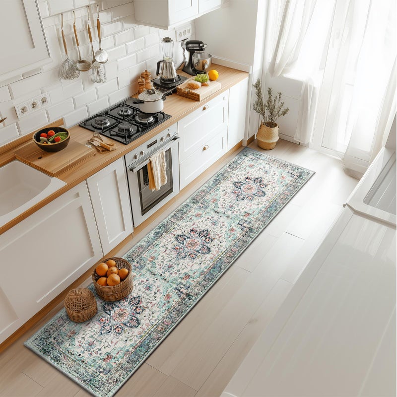 BESTSWEETIE 2x8 Area Rug Washable Rugs for Living Room  No Pile Boho Carpet for Entryway Bedroom Dinning Room  Vintage Carpet Print Distressed Non-Slip  2 x 8 ft  Multi Navy Teal - Image 2