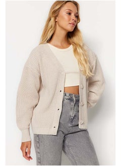 trendyol Stone Basic V-Neck Knitwear Cardigan TWOAW24HI00383  - Image 1