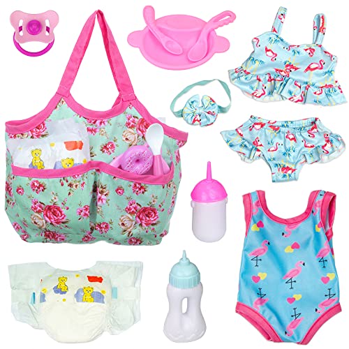 UNICORN ELEMENT 8 Pcs Baby Doll Clothes and Accessories Baby Feeding and Caring Set with Doll Diaper Bag Clothes Diapers Bottles Pacifier SwimsuitsBest Gift for Kids - Image 1