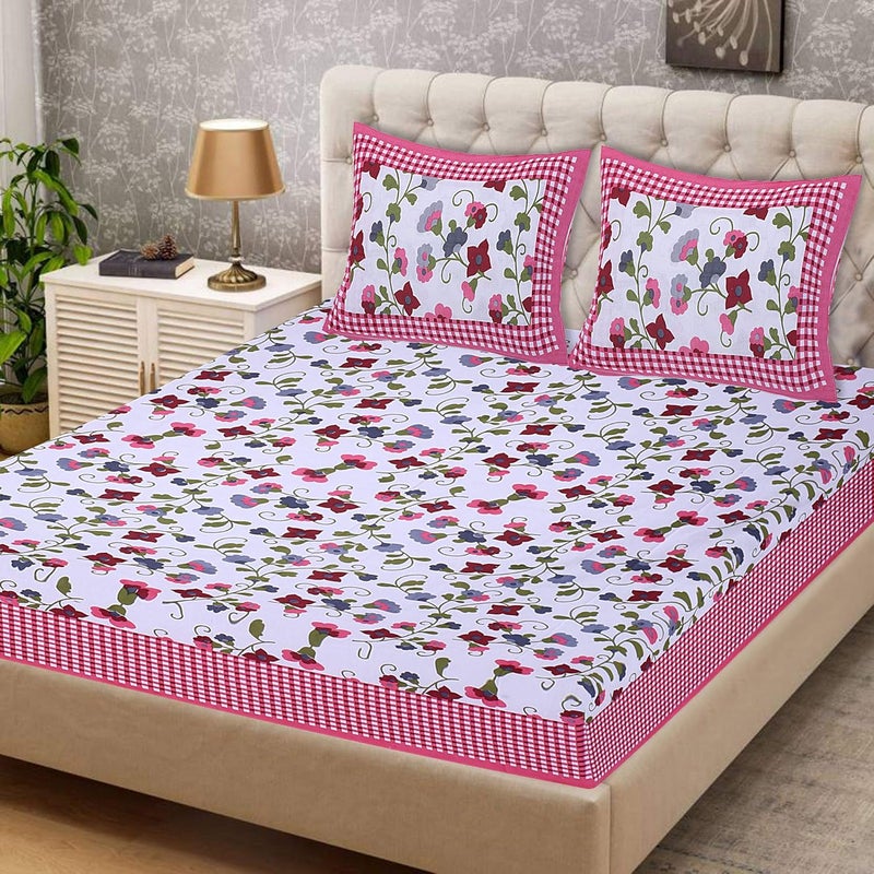 EarlyMart 006 Cotton Comfort 144 TC Rajasthani Jaipuri Traditional Floral Double Bedsheet with 2 Pillow Covers Multicolour King - Image 1