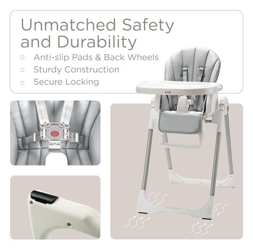 KUB KÜB 3-in-1 Foldable Baby High Chair | Multifunctional Infant High Chairs for Babies and Toddlers | Removable Seat & Tray Easy Clean | 7 Height & 4 Recline Adjustable | 2 Locking Wheels (Grey) - Image 4