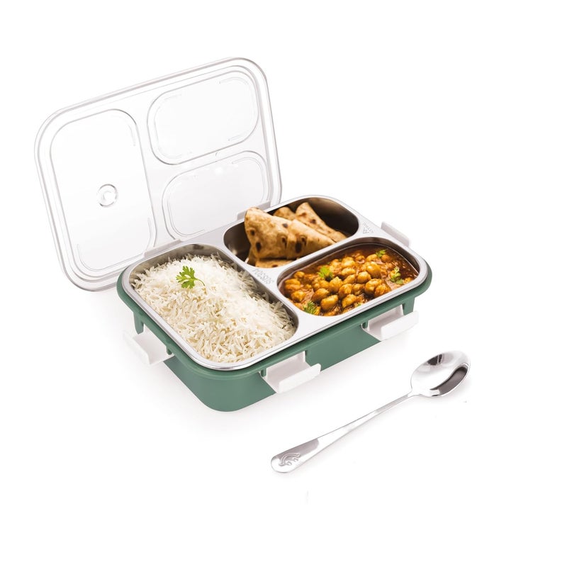 Attro Bento 3 Compartment Stainless Steel Lunch Box with Steel Spoon Heating Water Insulation Design for Office School Travelling 750ml Light Green - Image 1