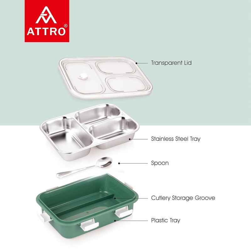 Attro Bento 3 Compartment Stainless Steel Lunch Box with Steel Spoon Heating Water Insulation Design for Office School Travelling 750ml Light Green - Image 3
