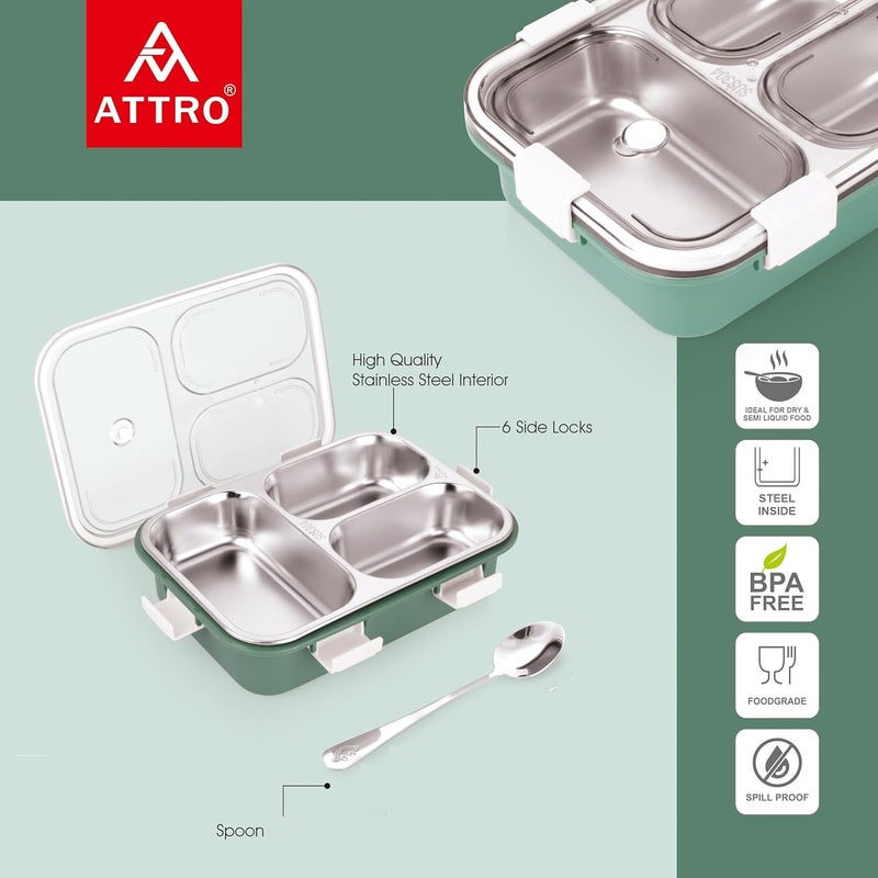 Attro Bento 3 Compartment Stainless Steel Lunch Box with Steel Spoon Heating Water Insulation Design for Office School Travelling 750ml Light Green - Image 2