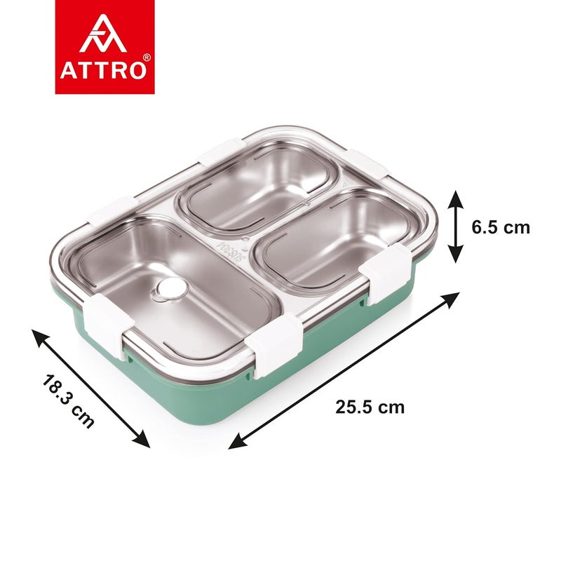 Attro Bento 3 Compartment Stainless Steel Lunch Box with Steel Spoon Heating Water Insulation Design for Office School Travelling 750ml Light Green - Image 5
