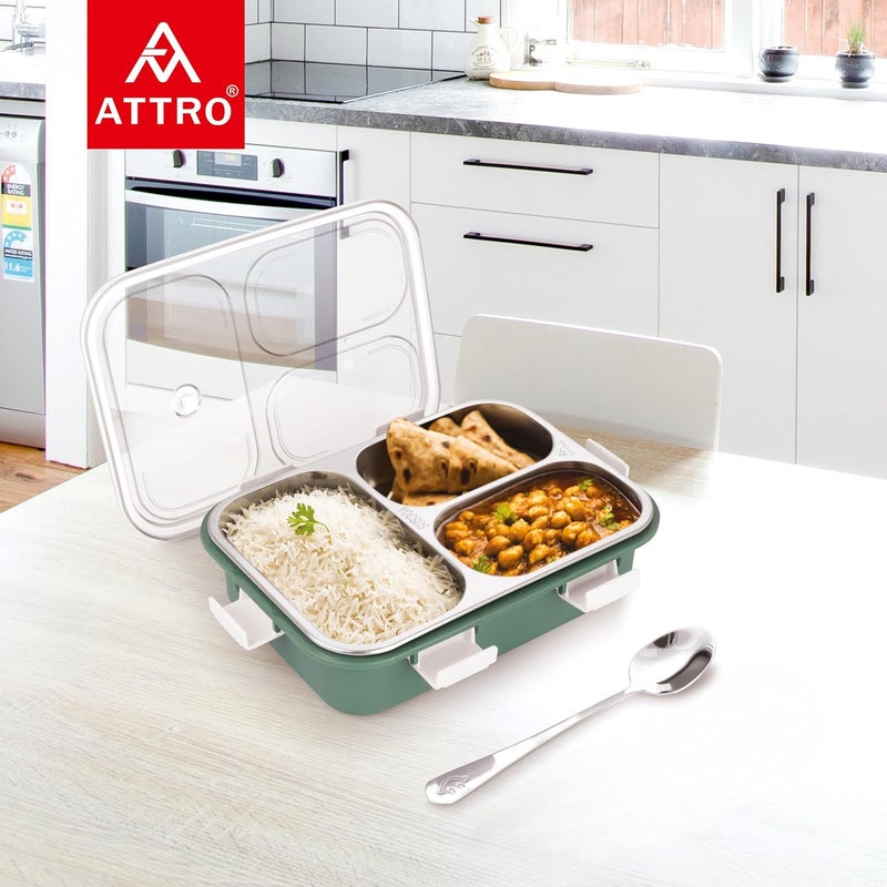 Attro Bento 3 Compartment Stainless Steel Lunch Box with Steel Spoon Heating Water Insulation Design for Office School Travelling 750ml Light Green - Image 4