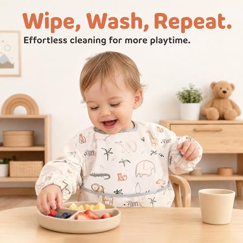 Little Dimsum Mess-Proof Baby Bibs|Infant Toddler Long Sleeve Waterproof Feeding Smock|Catching Food & Wipe Clean(zoo) - Image 3