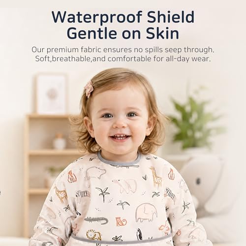 Little Dimsum Mess-Proof Baby Bibs|Infant Toddler Long Sleeve Waterproof Feeding Smock|Catching Food & Wipe Clean(zoo) - Image 2