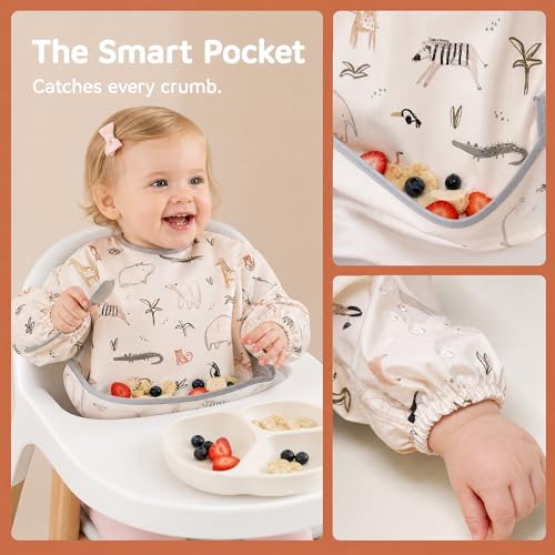 Little Dimsum Mess-Proof Baby Bibs|Infant Toddler Long Sleeve Waterproof Feeding Smock|Catching Food & Wipe Clean(zoo) - Image 5