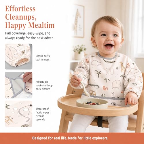 Little Dimsum Mess-Proof Baby Bibs|Infant Toddler Long Sleeve Waterproof Feeding Smock|Catching Food & Wipe Clean(zoo) - Image 4