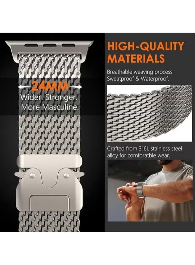 for Apple Watch Metal Bands Ultra 2 49mm 46mm Series 10, 1:1 Stainless Steel Mesh Loop with Parachute-style Metal Buckle for Apple Watch Series 7 8 9 45mm Series 6 5 4 44mm, Titanium - Image 5