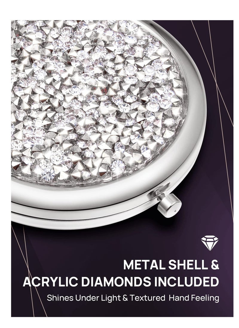 Excefore Crystal Diamond Round Double-sided Mirror, Portable Mini Handheld  Pocket Mirror, Luxury Round Vanity Mirror for Travel, Outside, Mealtime.  - Image 2