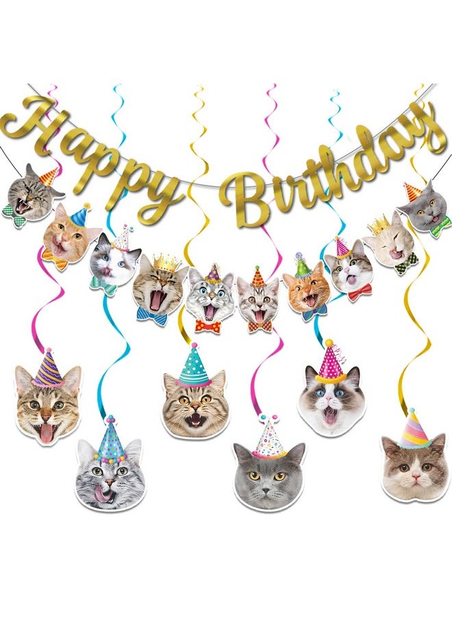 Bluegogo Cat Theme Birthday Party Decorations, Cat Birthday Decorations Cat Banner Happy Birthday Banner Cat Hanging Cutouts Hanging Swirl Decor  - Image 1