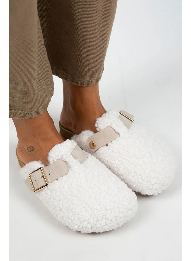 Manijero  Suzen Women's Textile Fur-Lined Genuine Leather Belted Buckle Slippers White - Beige - White for Women | Best Price UAE