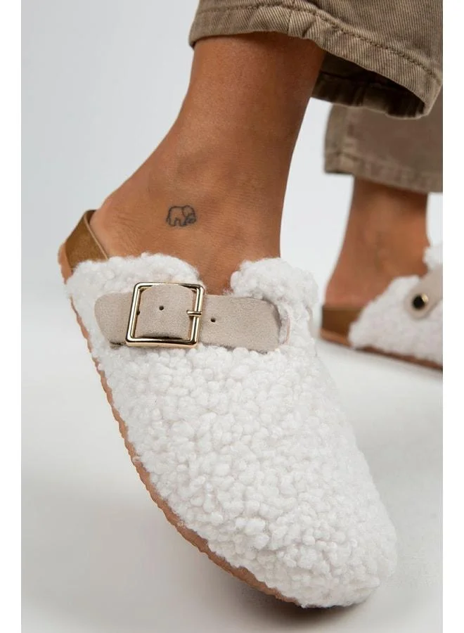 Suzen Women's Textile Fur-Lined Genuine Leather Belted Buckle Slippers White - Beige - White