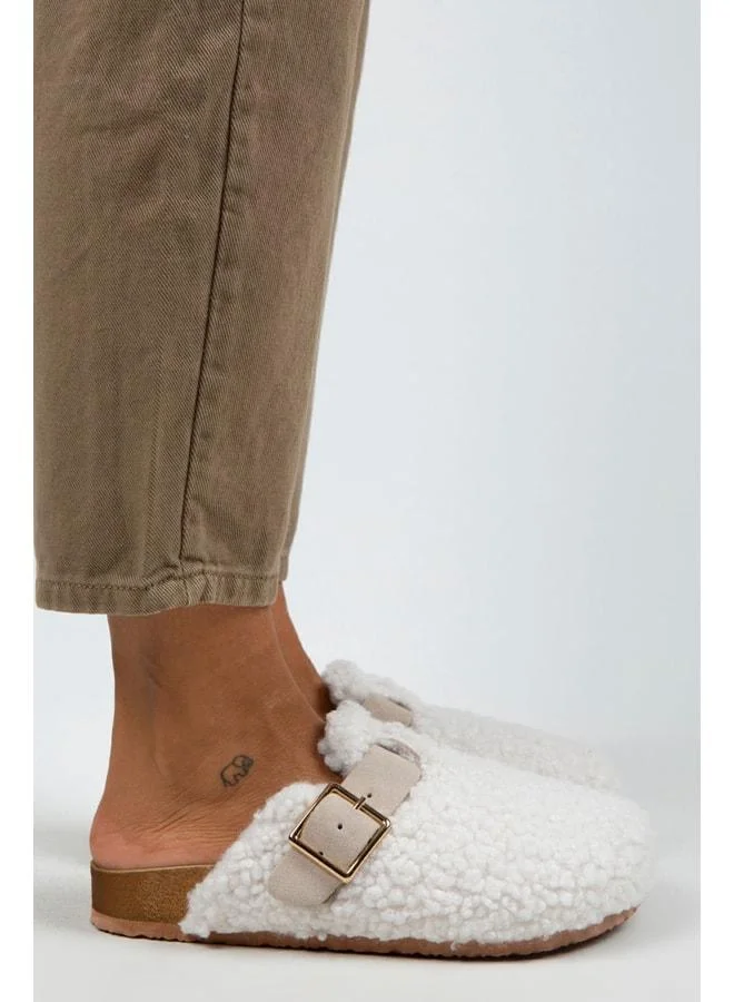 Manijero  Suzen Women's Textile Fur-Lined Genuine Leather Belted Buckle Slippers White - Beige - White for Women | Best Price UAE