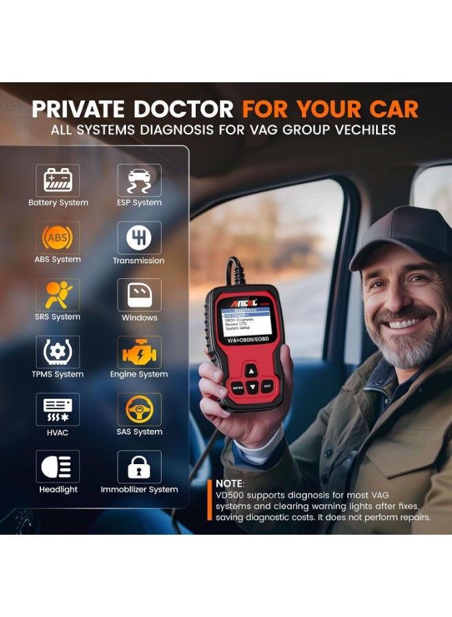 أنسيل انسيل ماسح ضوئي تشخيصي VD500 OBD II لسيارة فولكس فاجن واودي وسكودا تشخيص مقعد المحرك EPB ABS SRS قارئ كود صمام الخانق النفطي تعديل موضع الفرامل - Image 2