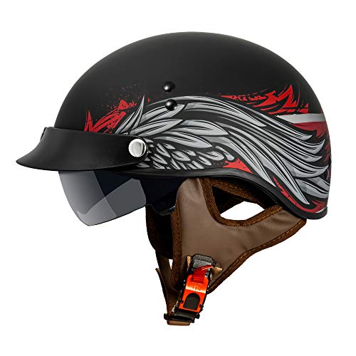 VCAN Cruiser Solid Flat Black Half Face Motorcycle Helmet with DropDown Sun Visor Removable Peak and Quick Release Buckle Phoenix Large