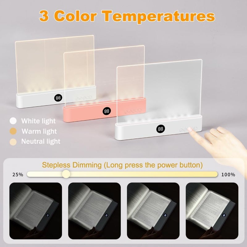 VEEKI Book Light, Rechargeable Clear LED Flat Reading Light with 3 Colors & Timer, Dimmable Panel Plate Lamp Book Full Page Light for Reading in Bed at Night, Funny Gifts for Readers Kids Women Men (Pink) - Image 3