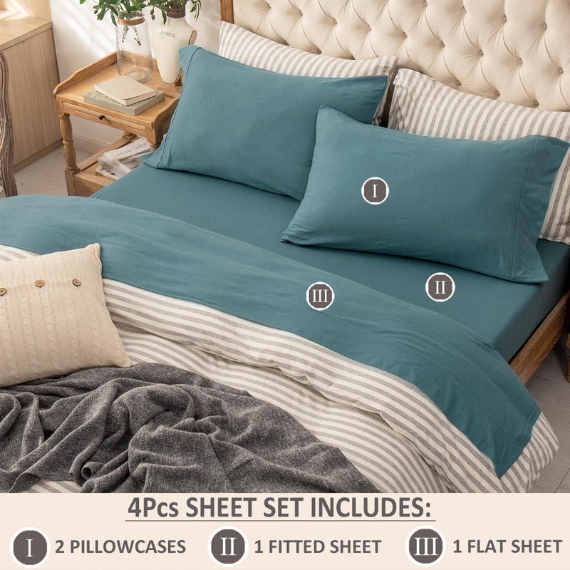 PURE ERA Jersey Knit 4pc Bed Sheet Set 100% T-Shirt Cotton Super Soft Comfy Breathable Fits Mattress Up to 20" Extra Deep Pocket (Solid Cerulean Blue, Queen) - Image 2
