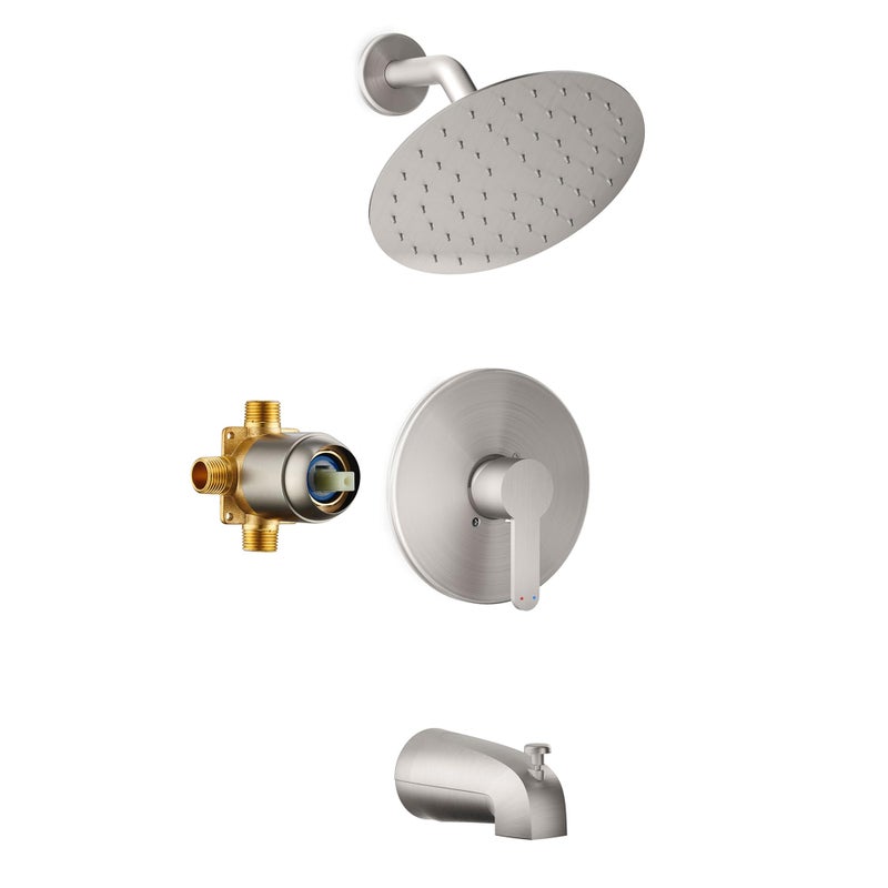 HoliSpa Tub Shower Faucet Brushed Nickel Shower Faucet Set with 8Inch AllMetal Rainfall Showerhead and Bathtub Spout SingleHandle Tub ShowerTrim Kit Included Valve Brushed Nickel