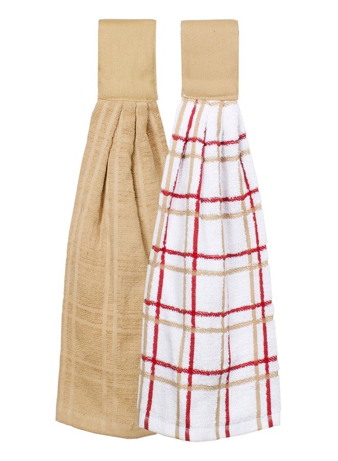 Ritz Premium 100% Cotton Solid and Multi Check Kitchen Tie Towel, Absorbent, Super Soft, and Fast Drying Hang Towel, Set of Two, Biscotti - Image 1