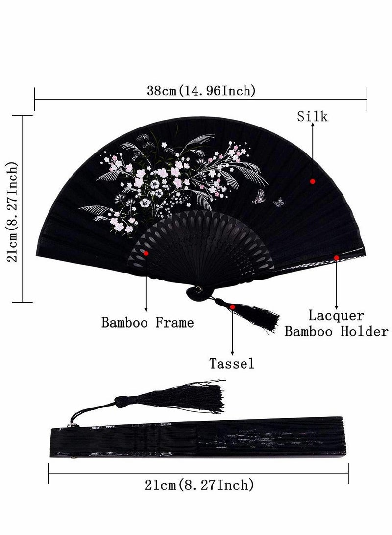 Excefore Folding Fan, 8.27"(21cm) Hand Held Bamboo Silk Fan Chinese/Japanese Charming Elegant Vintage Retro Style  - Image 2