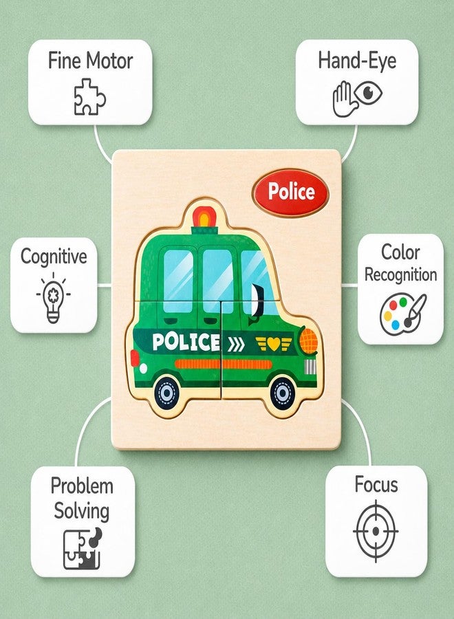 أحجية خشبية من BrainyTots للأطفال | لوحة تعليمية مبكرة بألوان زاهية وسطح أملس للأطفال الصغار | تُحسّن المهارات الحركية وتنمية التنسيق بين اليد والعين (سيارة شرطة) - Image 4