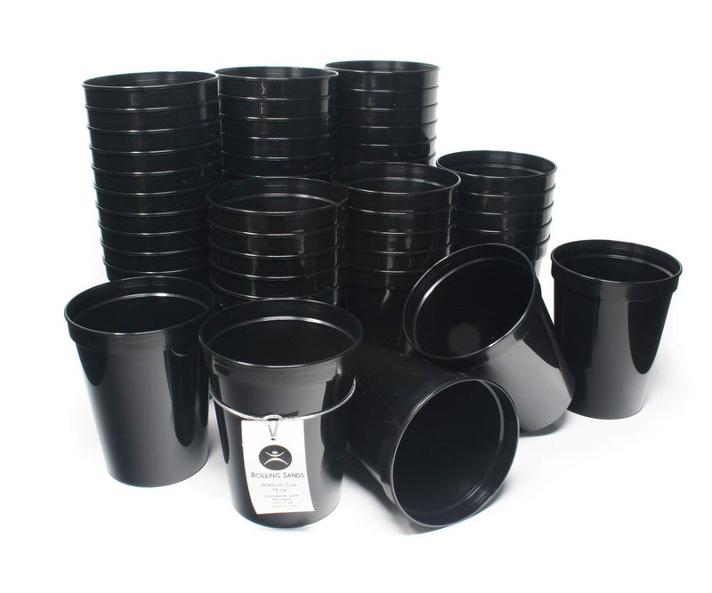 Rolling Sands 16 Oz Reusable Plastic Stadium Cups Bulk 50 Pk USA Made BPAFree Dishwasher Safe Plastic Tumblers Black