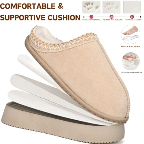 BERANMEY Plush Platform Slippers for Women & Men - Cozy Non-Slip Sole,Warm Fuzzy Lined House Shoes for Indoor Outdoor Short Ankle Slippers (Khaki, US, Adult, Women, 9.5, Numeric Range, US Footwear Size System, 10, Medium) - Image 5