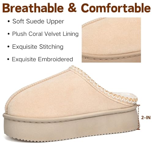 BERANMEY Plush Platform Slippers for Women & Men - Cozy Non-Slip Sole,Warm Fuzzy Lined House Shoes for Indoor Outdoor Short Ankle Slippers (Khaki, US, Adult, Women, 9.5, Numeric Range, US Footwear Size System, 10, Medium) - Image 3