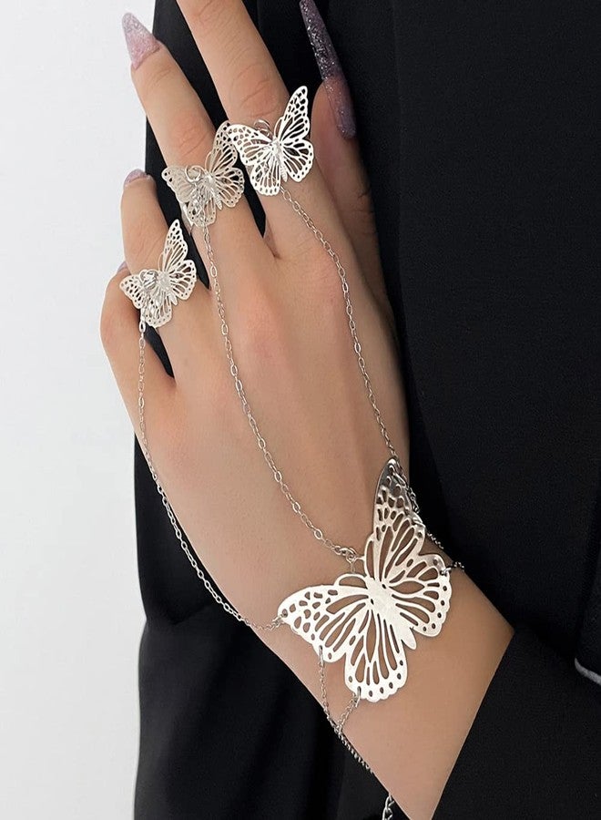 Xerling Silver Butterfly Finger Ring Bracelets Women Boho Ring Bracelets Hand Chain for Link Chain Hand Jewelry for Women - Image 2