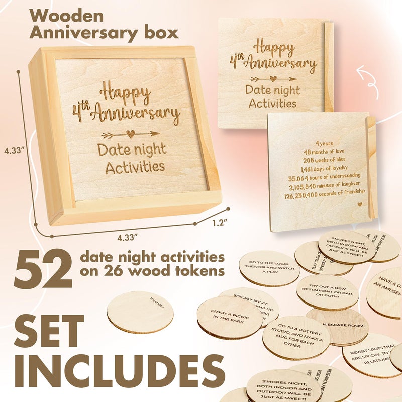 STOFINITY 4 Year Anniversary Wood Gifts for Him Her - 4th Anniversary Keepsake Gifts for Husband Wife, Happy 4th Wedding Gift for Couple, Four Years of Married Date Ideas for Men - Image 2