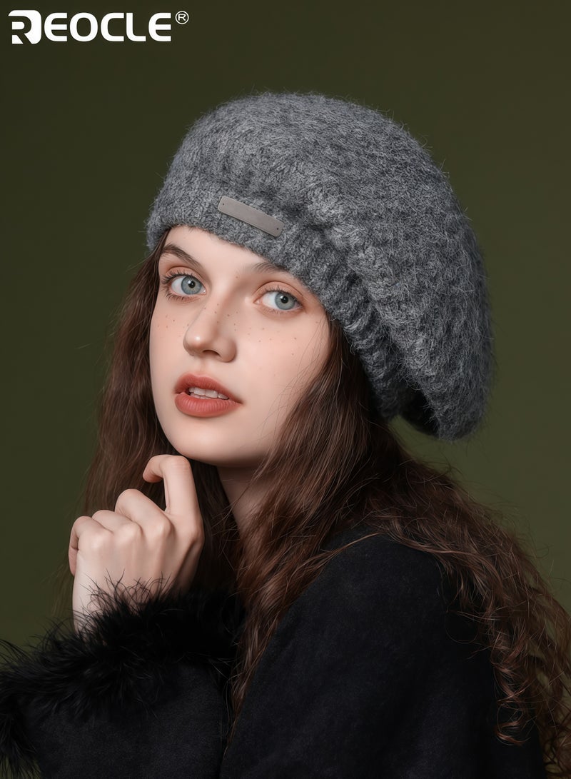 REOCLE Women's Wool Beret with Retro Design and Windproof Warmth Artist Cap with Large Size Fit for Autumn Winter Fashion - Image 2