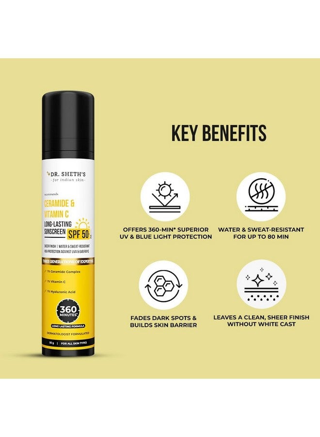 Ceramide & Vitamin C Long Lasting Sunscreen Spf 50+ Pa++++|For 6 Hrs Advanced Uv & Tan Protection|No White Cast Water & Sweatresistant|Nongreasy & Quickabsorbing |For Women & Men |50G