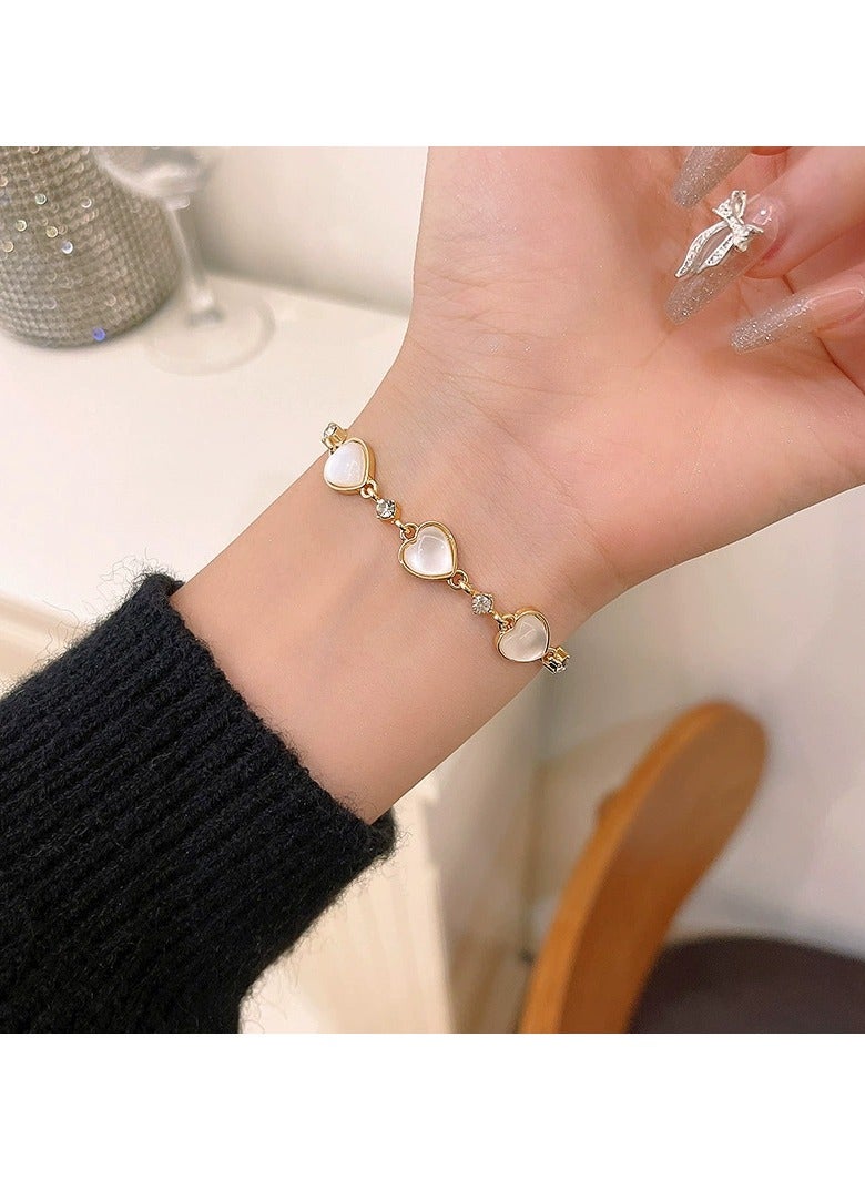 Goolsky Korean Style Cat Eye Stone Heart Bracelet – Adjustable Dainty Soft Minimalist Hand Chain, Trendy Gift for Women & Girls - Image 1