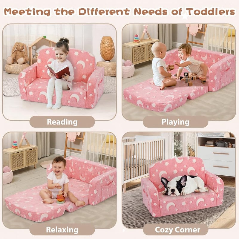 Foryoomi Extra Wide Kids Couch, Kids Sofa, Toddler Sofa, Glow in The Dark, 2-in-1 Soft Toddler Couch with Blanket and Pillow, Moon Style, Pink - Image 5