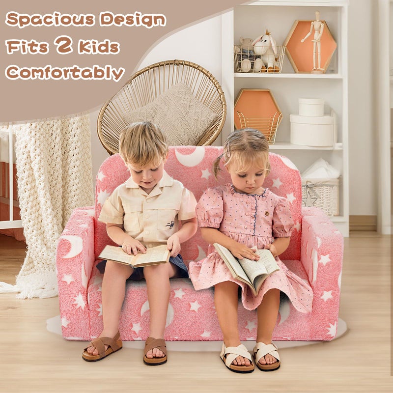 Foryoomi Extra Wide Kids Couch, Kids Sofa, Toddler Sofa, Glow in The Dark, 2-in-1 Soft Toddler Couch with Blanket and Pillow, Moon Style, Pink - Image 2