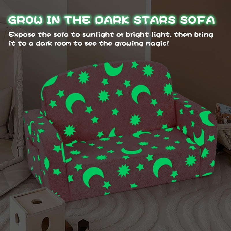 Foryoomi Extra Wide Kids Couch, Kids Sofa, Toddler Sofa, Glow in The Dark, 2-in-1 Soft Toddler Couch with Blanket and Pillow, Moon Style, Pink - Image 4