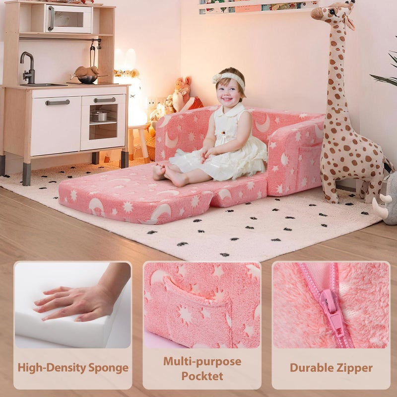 Foryoomi Extra Wide Kids Couch, Kids Sofa, Toddler Sofa, Glow in The Dark, 2-in-1 Soft Toddler Couch with Blanket and Pillow, Moon Style, Pink - Image 3