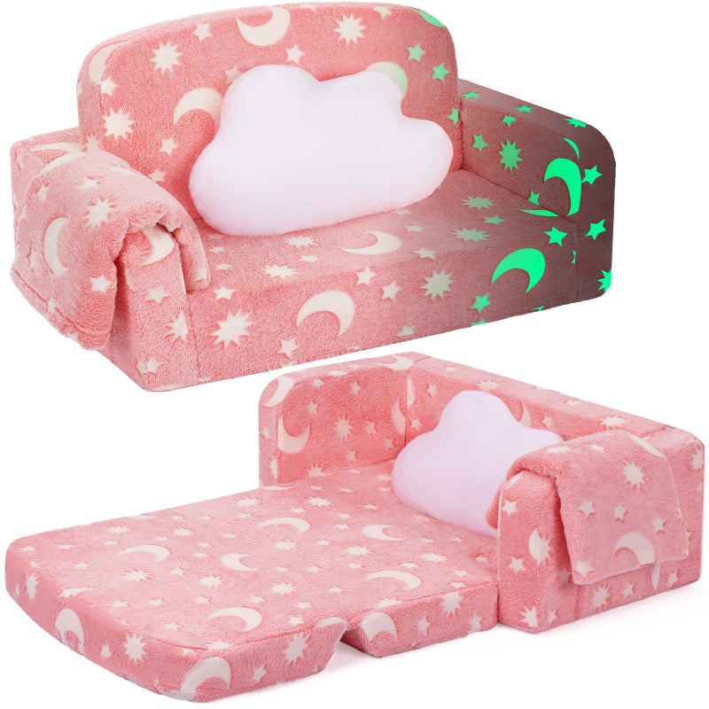 Foryoomi Extra Wide Kids Couch, Kids Sofa, Toddler Sofa, Glow in The Dark, 2-in-1 Soft Toddler Couch with Blanket and Pillow, Moon Style, Pink - Image 1
