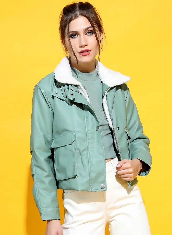 طوكيو توكيز Tokyo Talkies Faux Fur Lining Cropped Biker Jacket