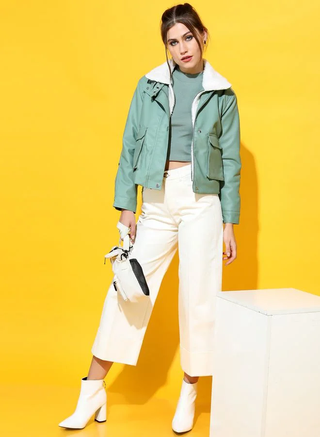 طوكيو توكيز Tokyo Talkies Faux Fur Lining Cropped Biker Jacket