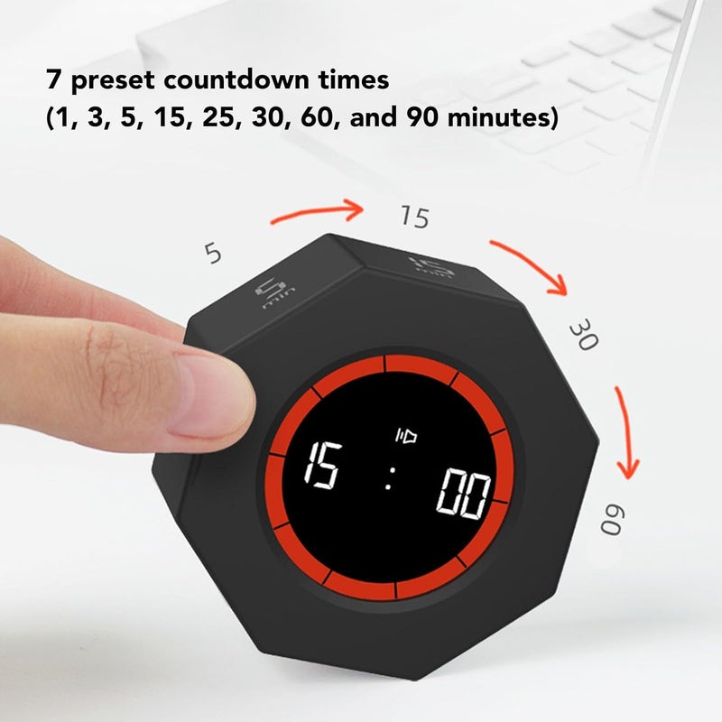 Desk Productivity Cube Timer Effortless Time Management Rotation Timer for Office 1 3 5 30 60 90min Compact Rechargeable (Black) - Image 4