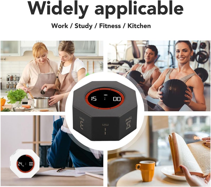 Desk Productivity Cube Timer Effortless Time Management Rotation Timer for Office 1 3 5 30 60 90min Compact Rechargeable (Black) - Image 3