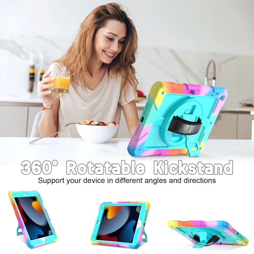 LTROP Case for iPad 9th/ 8th/ 7th Generation (2021/2020/2019), Shockproof 10.2” iPad Cover with Shoulder Strap Pen Holder Swivel Stand, Aqua Teal - Image 3